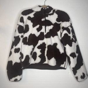 LA Grown Brown White Cowprint Sherpa 1/4 Zip Pullover Sweater size medium